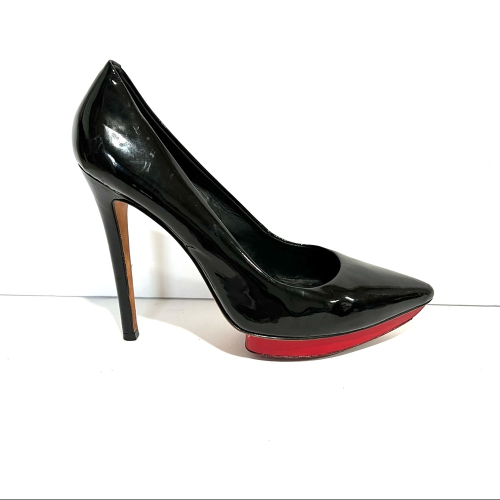 Alice + Olivia Stacey Bendet Black Patent Leather Pointy Platform Heel Pump Sz 8